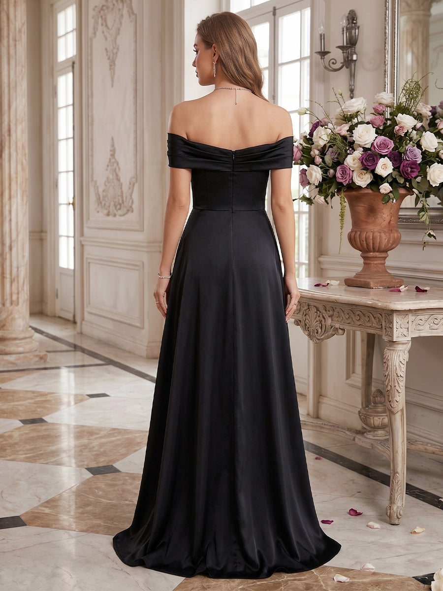 A-Line/Princess Off-the-Shoulder Short Sleeves Prom Dresses with Split Side