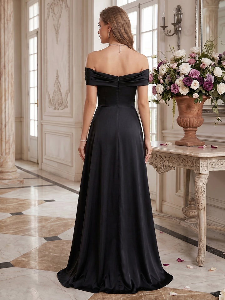 A-Line/Princess Off-the-Shoulder Short Sleeves Prom Dresses with Split Side