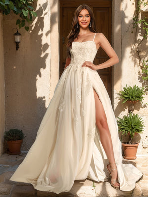 A-Line/Princess Spaghetti Straps Sleeveless Prom Dresses with Split Side