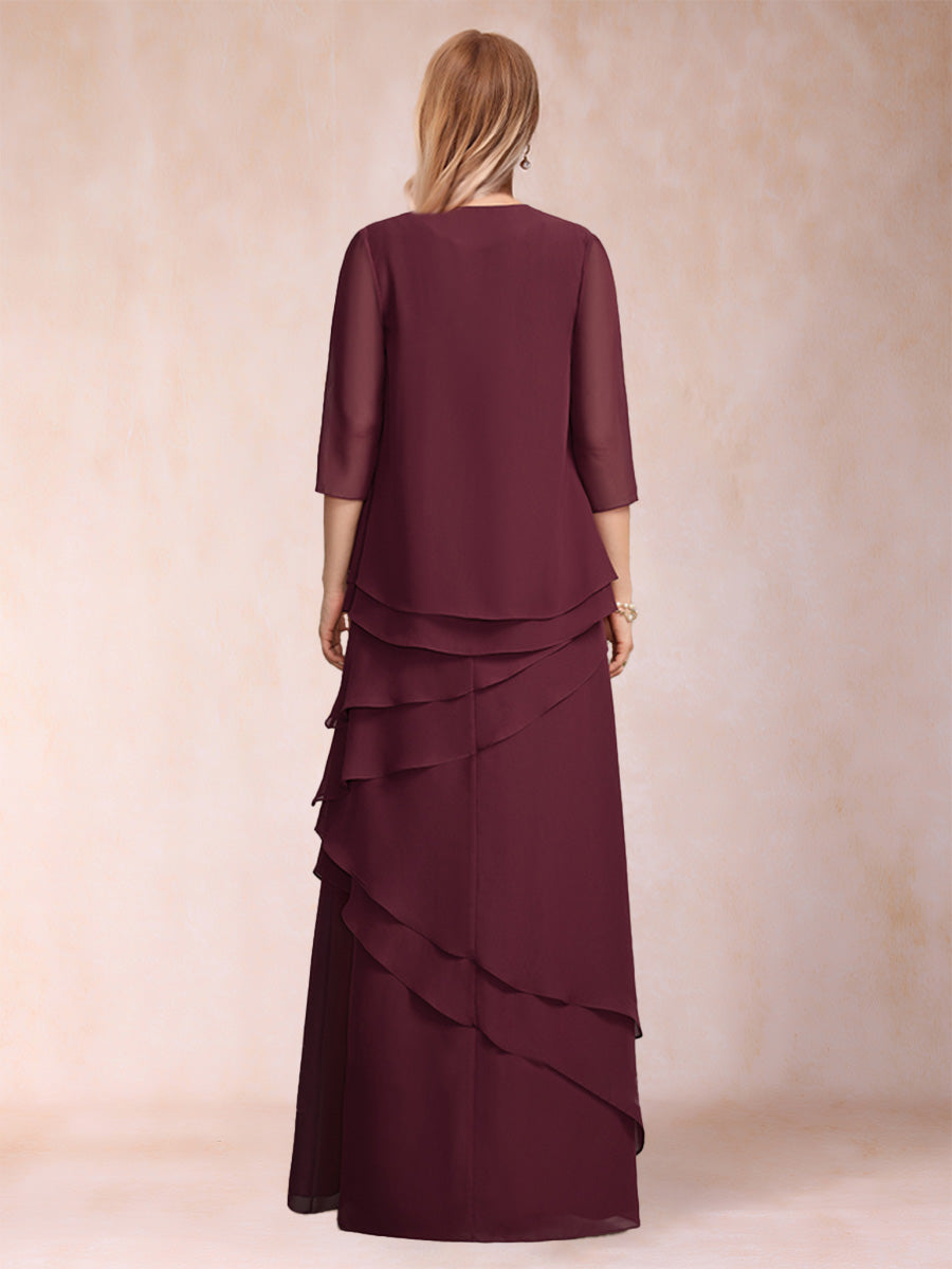 Sheath/Column Scoop 3/4 Sleeves 2 Pieces Mother of the Bride Dress with Tiered &amp; Jacket
