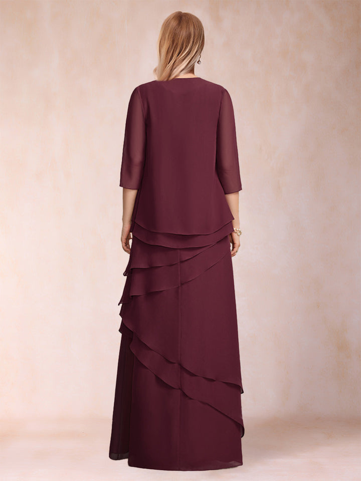Sheath/Column Scoop 3/4 Sleeves 2 Pieces Mother of the Bride Dress with Tiered &amp; Jacket