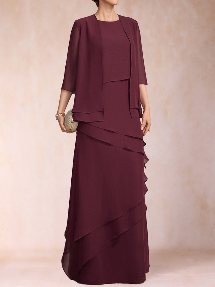 Sheath/Column Scoop 3/4 Sleeves 2 Pieces Mother of the Bride Dress with Tiered &amp; Jacket