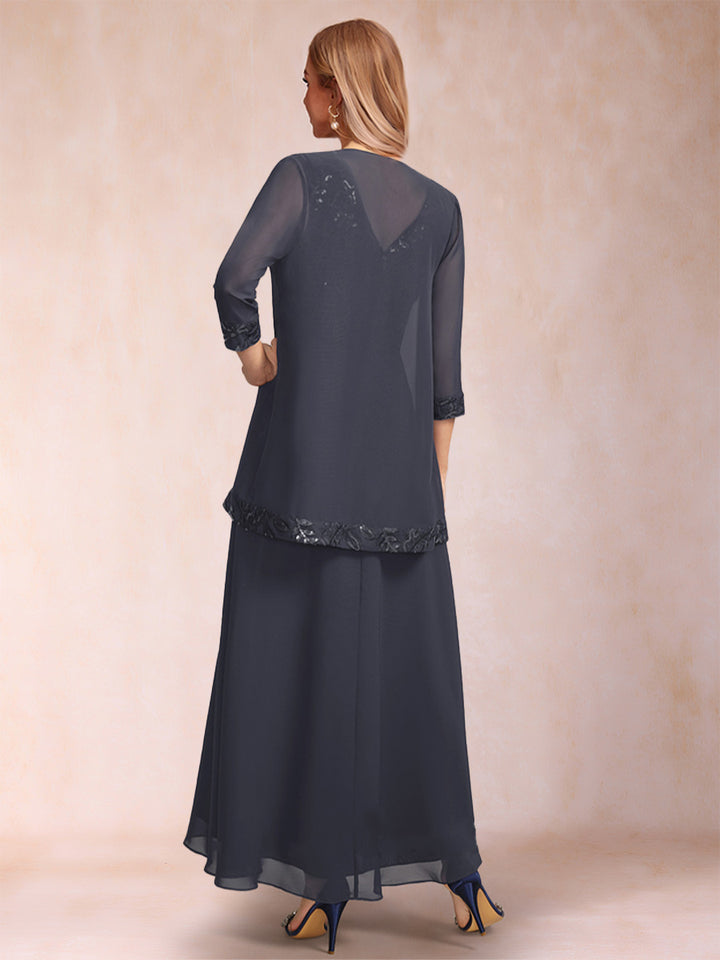 A-Line/Princess V-Neck 3/4 Sleeves 2 Pieces Mother of the Bride Dress with Sequins &amp; Jacket