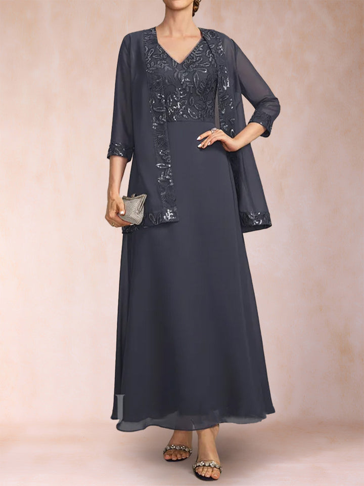 A-Line/Princess V-Neck 3/4 Sleeves 2 Pieces Mother of the Bride Dress with Sequins &amp; Jacket