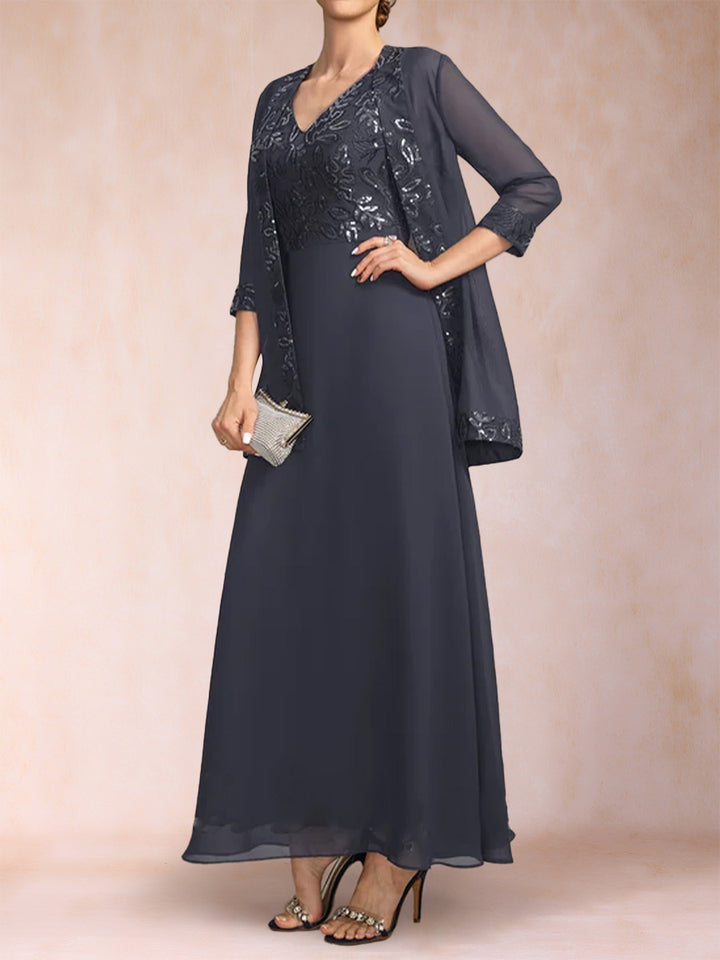 A-Line/Princess V-Neck 3/4 Sleeves 2 Pieces Mother of the Bride Dress with Sequins &amp; Jacket
