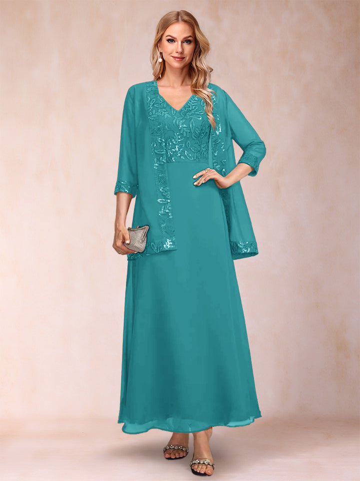 A-Line/Princess V-Neck 3/4 Sleeves 2 Pieces Mother of the Bride Dress with Sequins &amp; Jacket