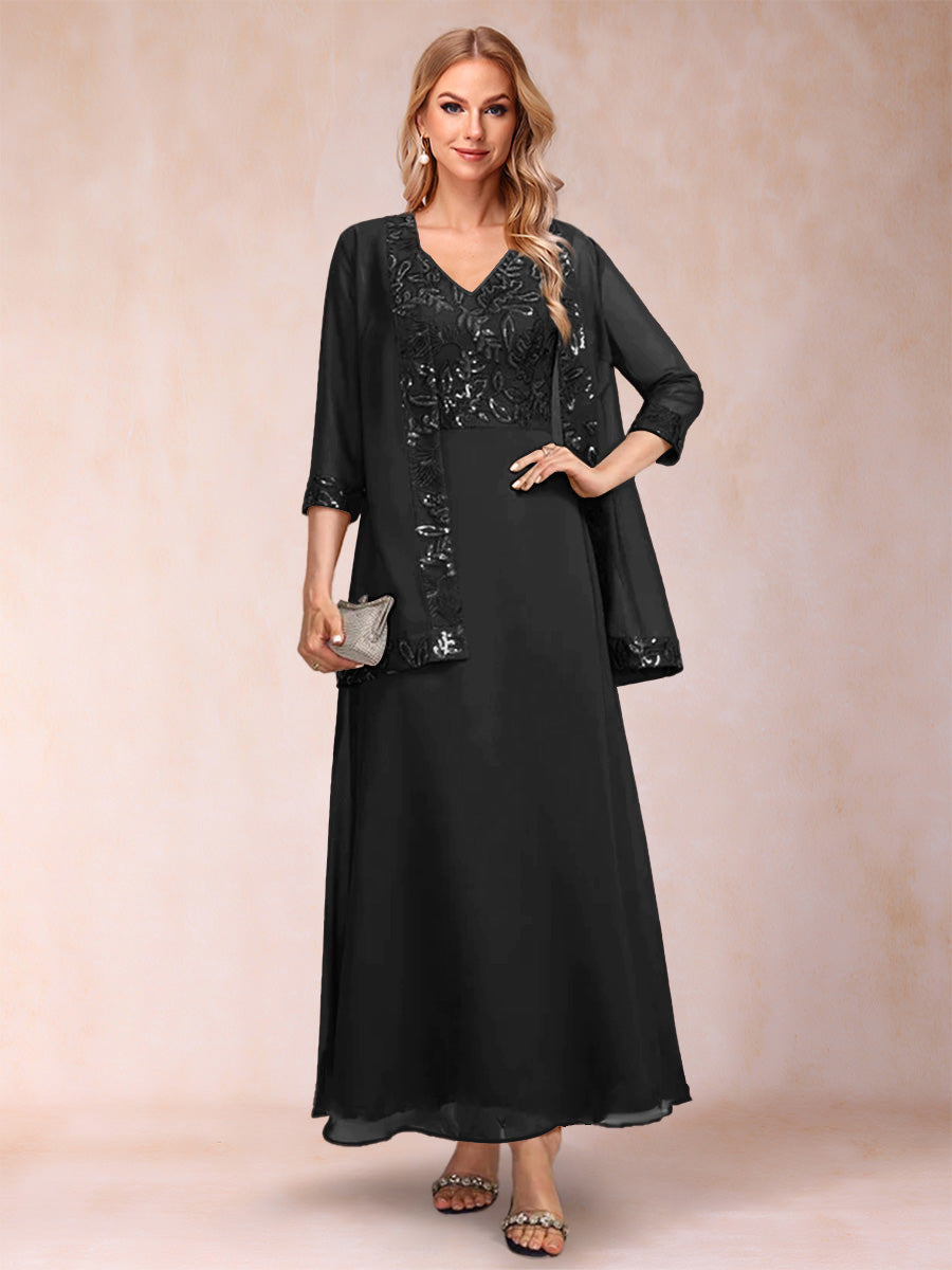 A-Line/Princess V-Neck 3/4 Sleeves 2 Pieces Mother of the Bride Dress with Sequins &amp; Jacket