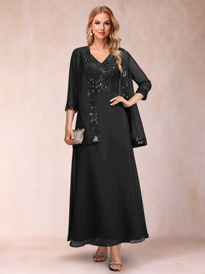 A-Line/Princess V-Neck 3/4 Sleeves 2 Pieces Mother of the Bride Dress with Sequins & Jacket
