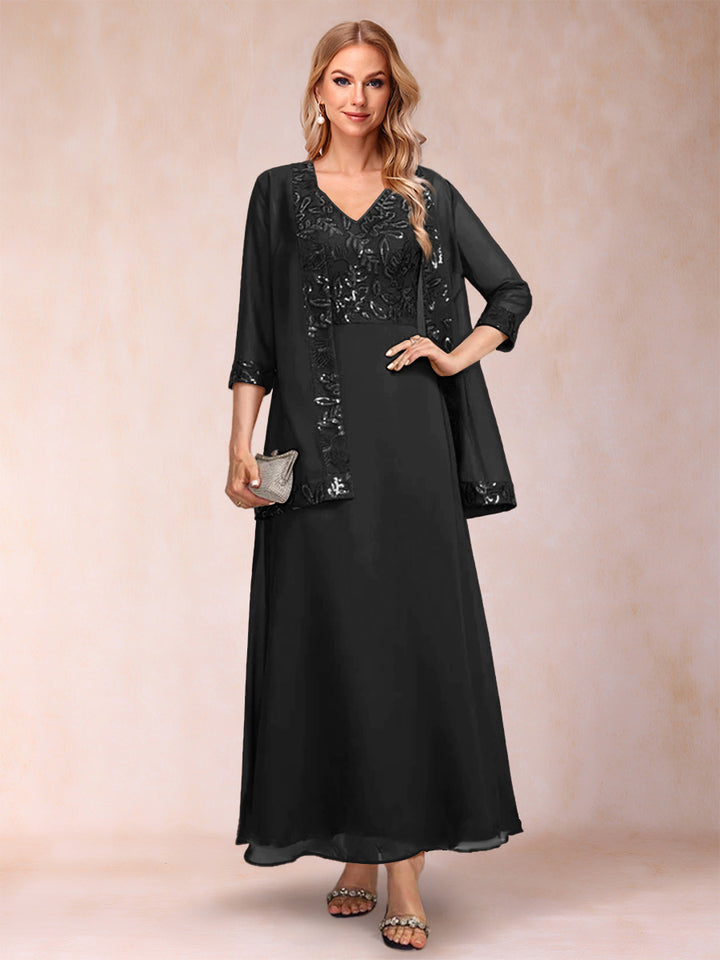 A-Line/Princess V-Neck 3/4 Sleeves 2 Pieces Mother of the Bride Dress with Sequins &amp; Jacket