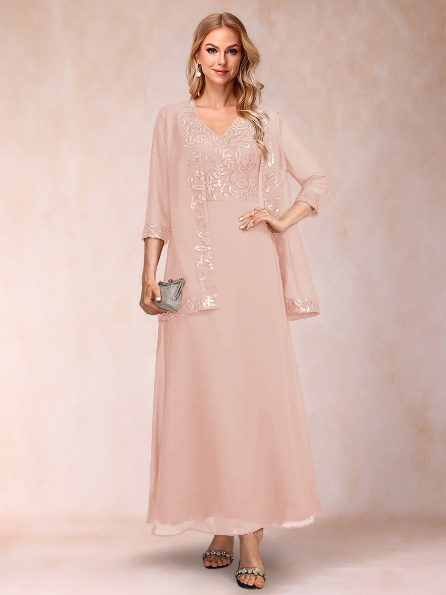 A-Line/Princess V-Neck 3/4 Sleeves 2 Pieces Mother of the Bride Dress with Sequins &amp; Jacket