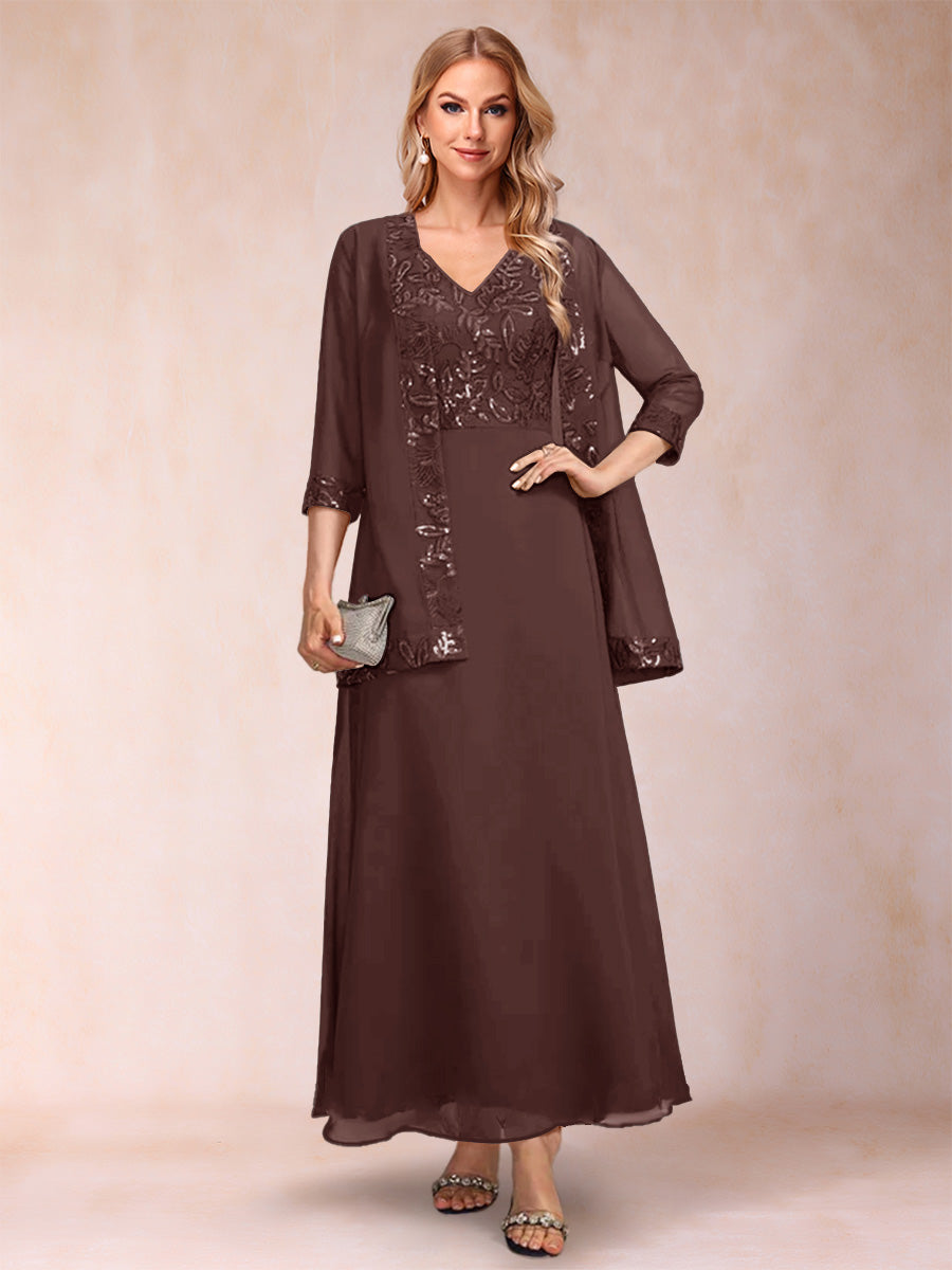 A-Line/Princess V-Neck 3/4 Sleeves 2 Pieces Mother of the Bride Dress with Sequins &amp; Jacket