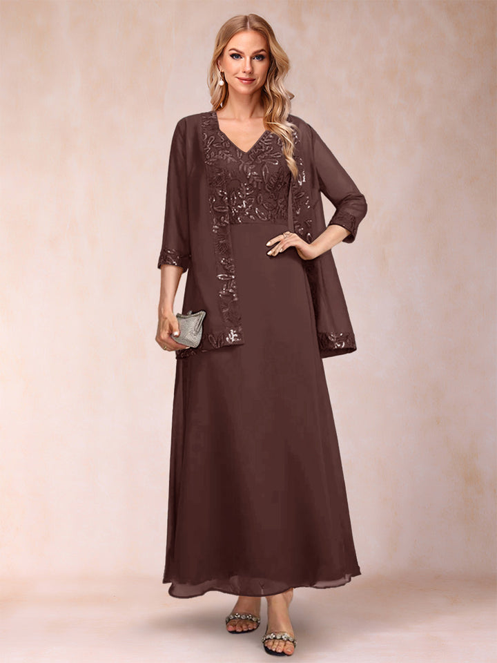 A-Line/Princess V-Neck 3/4 Sleeves 2 Pieces Mother of the Bride Dress with Sequins &amp; Jacket