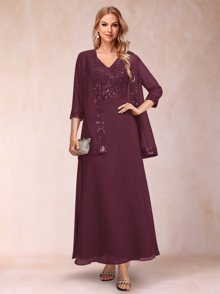 A-Line/Princess V-Neck 3/4 Sleeves 2 Pieces Mother of the Bride Dress with Sequins &amp; Jacket