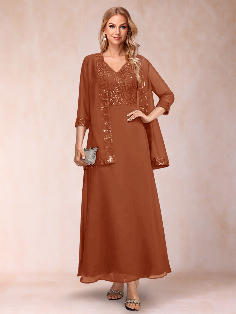 A-Line/Princess V-Neck 3/4 Sleeves 2 Pieces Mother of the Bride Dress with Sequins &amp; Jacket