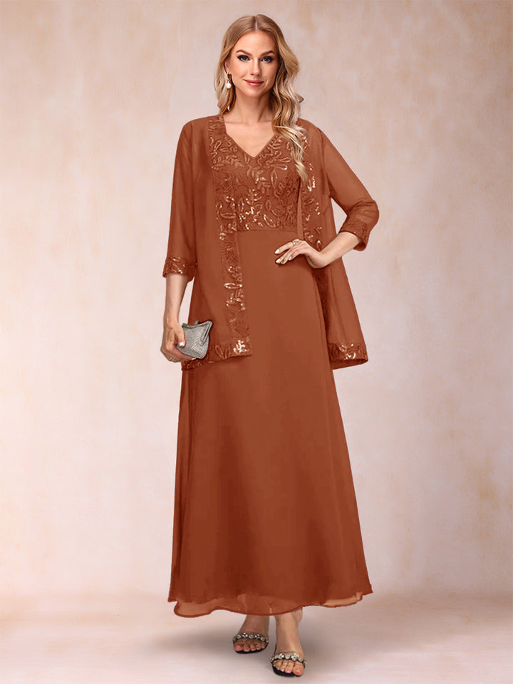 A-Line/Princess V-Neck 3/4 Sleeves 2 Pieces Mother of the Bride Dress with Sequins &amp; Jacket