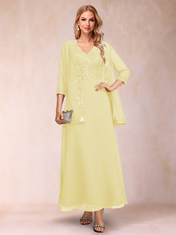 A-Line/Princess V-Neck 3/4 Sleeves 2 Pieces Mother of the Bride Dress with Sequins &amp; Jacket
