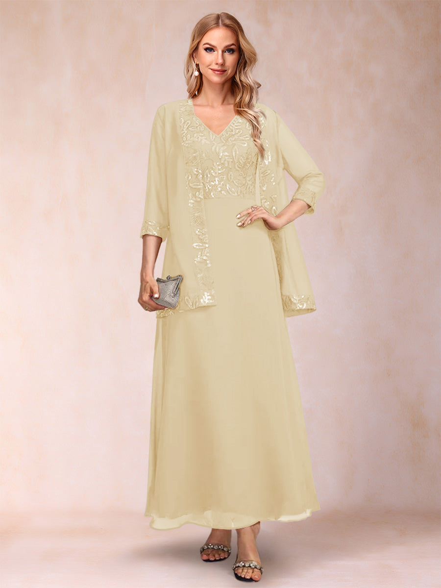 A-Line/Princess V-Neck 3/4 Sleeves 2 Pieces Mother of the Bride Dress with Sequins &amp; Jacket