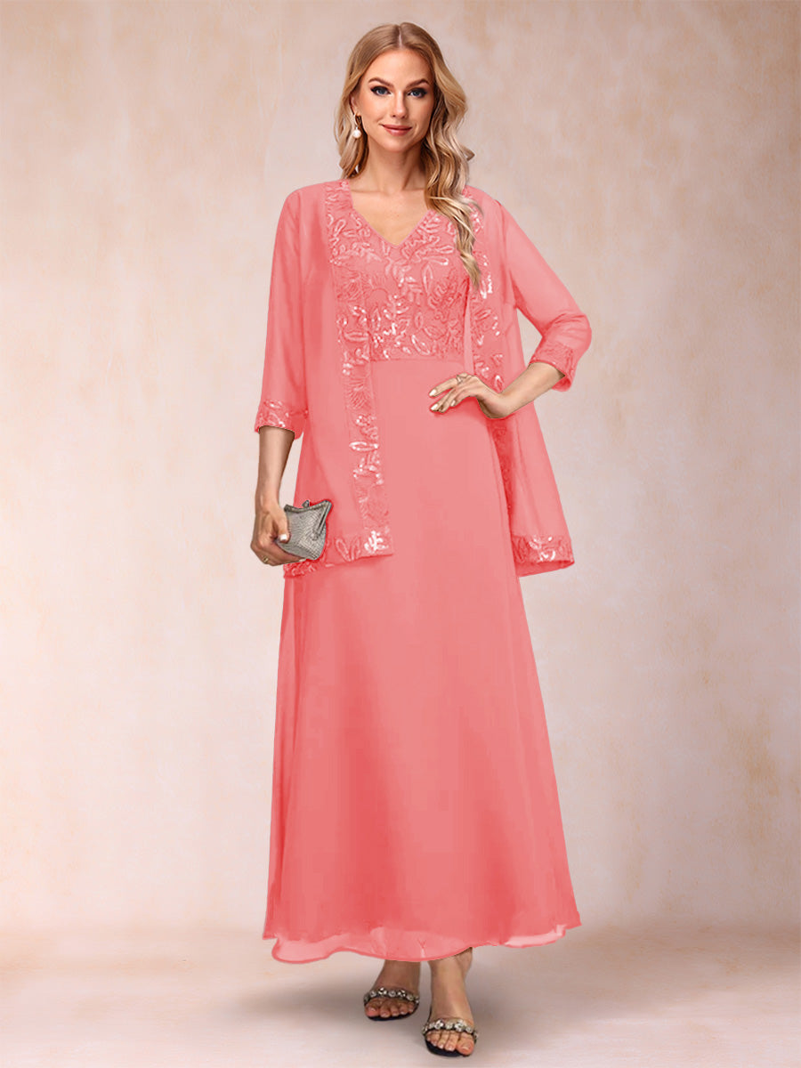 A-Line/Princess V-Neck 3/4 Sleeves 2 Pieces Mother of the Bride Dress with Sequins &amp; Jacket