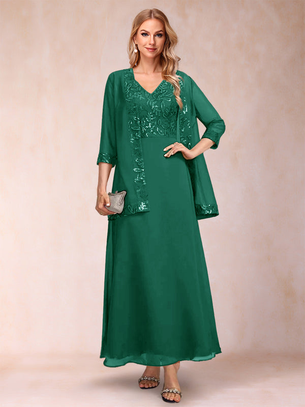 A-Line/Princess V-Neck 3/4 Sleeves 2 Pieces Mother of the Bride Dress with Sequins & Jacket