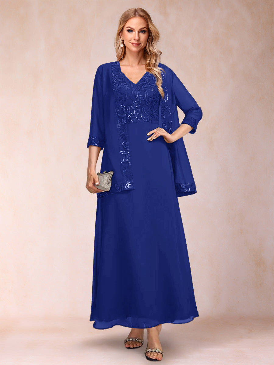 A-Line/Princess V-Neck 3/4 Sleeves 2 Pieces Mother of the Bride Dress with Sequins &amp; Jacket