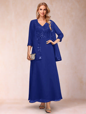 A-Line/Princess V-Neck 3/4 Sleeves 2 Pieces Mother of the Bride Dress with Sequins & Jacket
