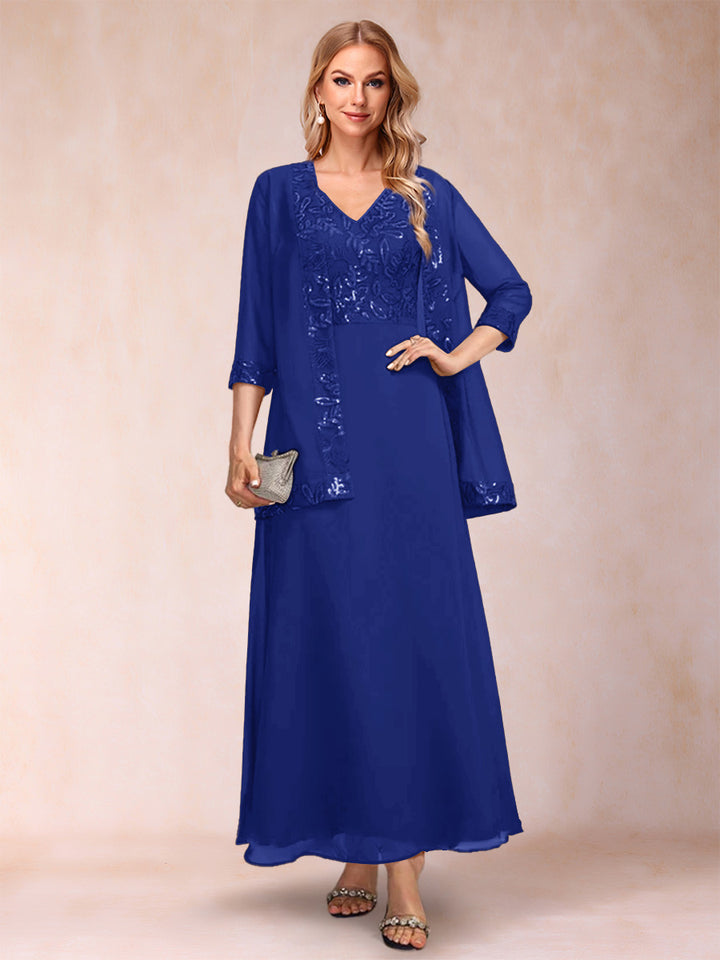A-Line/Princess V-Neck 3/4 Sleeves 2 Pieces Mother of the Bride Dress with Sequins &amp; Jacket