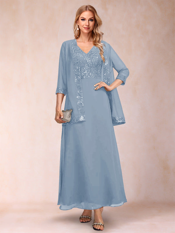 A-Line/Princess V-Neck 3/4 Sleeves 2 Pieces Mother of the Bride Dress with Sequins & Jacket
