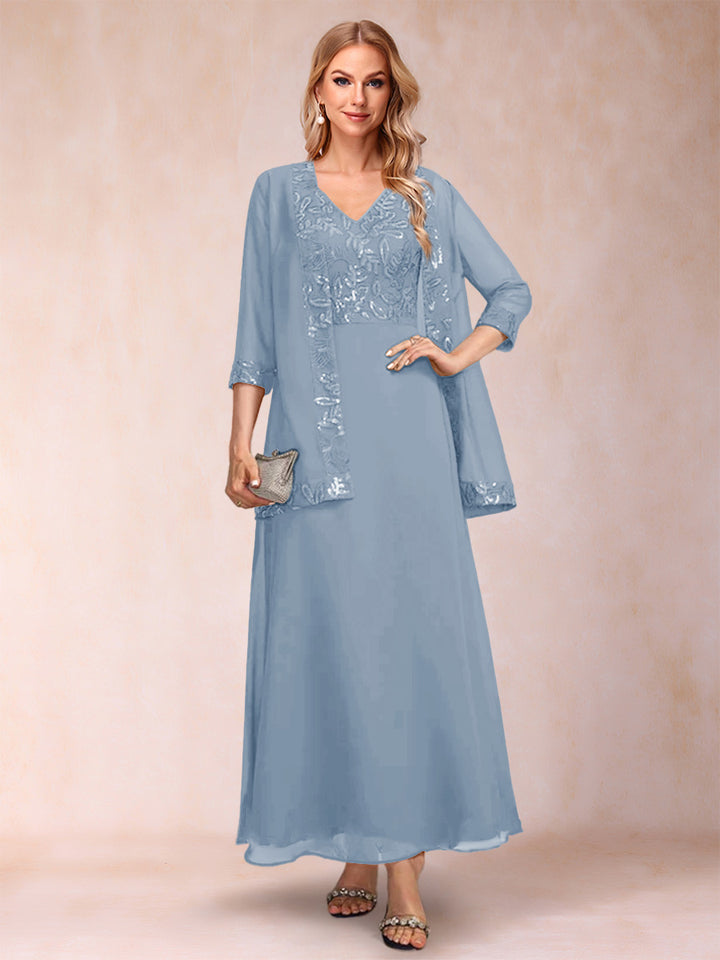 A-Line/Princess V-Neck 3/4 Sleeves 2 Pieces Mother of the Bride Dress with Sequins &amp; Jacket