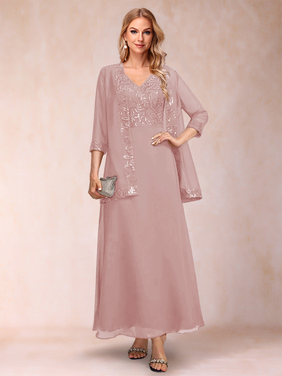 A-Line/Princess V-Neck 3/4 Sleeves 2 Pieces Mother of the Bride Dress with Sequins &amp; Jacket