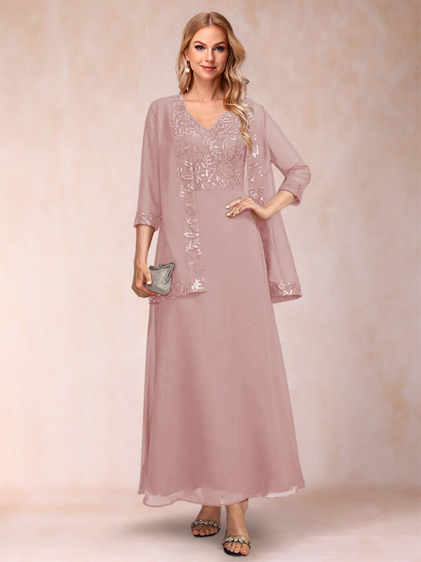 A-Line/Princess V-Neck 3/4 Sleeves 2 Pieces Mother of the Bride Dress with Sequins & Jacket