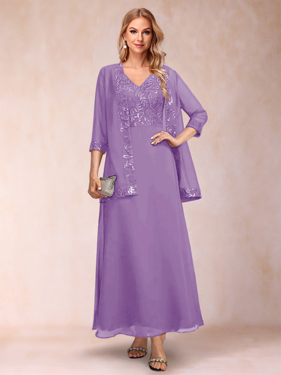 A-Line/Princess V-Neck 3/4 Sleeves 2 Pieces Mother of the Bride Dress with Sequins &amp; Jacket