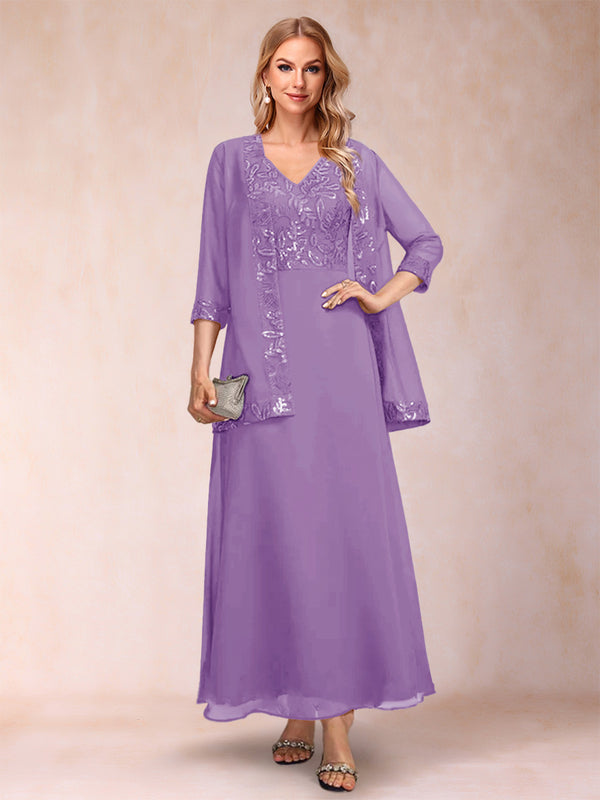 A-Line/Princess V-Neck 3/4 Sleeves 2 Pieces Mother of the Bride Dress with Sequins & Jacket