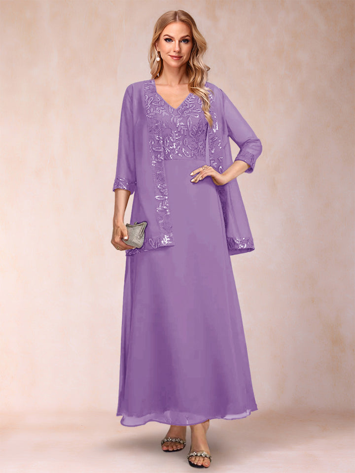 A-Line/Princess V-Neck 3/4 Sleeves 2 Pieces Mother of the Bride Dress with Sequins &amp; Jacket