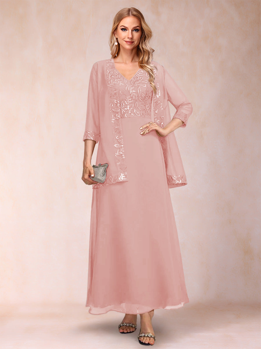 A-Line/Princess V-Neck 3/4 Sleeves 2 Pieces Mother of the Bride Dress with Sequins &amp; Jacket