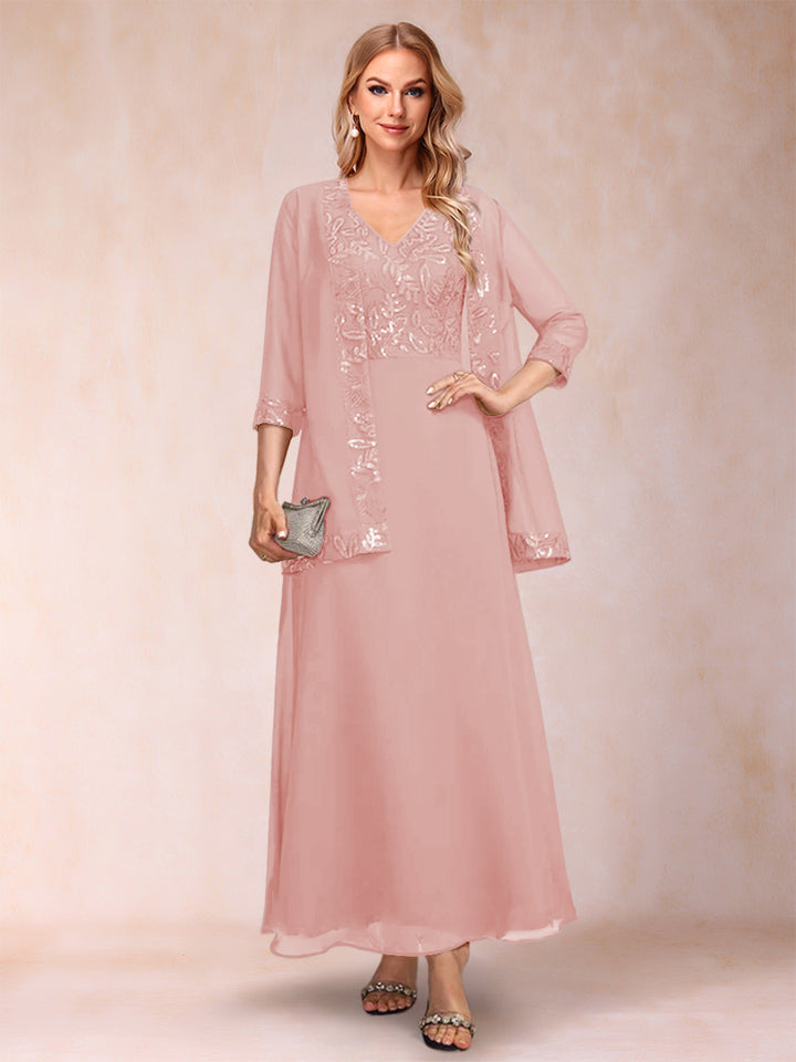 A-Line/Princess V-Neck 3/4 Sleeves 2 Pieces Mother of the Bride Dress with Sequins &amp; Jacket