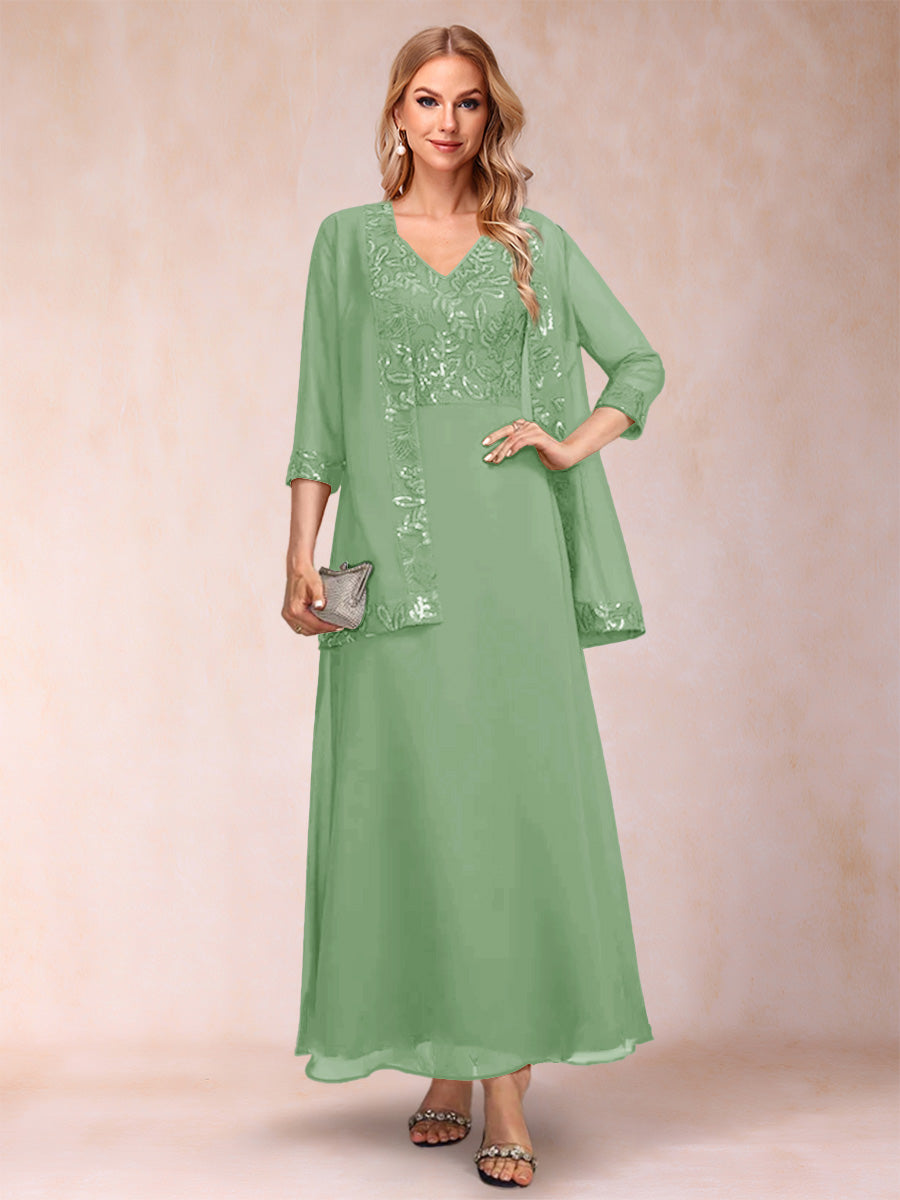 A-Line/Princess V-Neck 3/4 Sleeves 2 Pieces Mother of the Bride Dress with Sequins &amp; Jacket