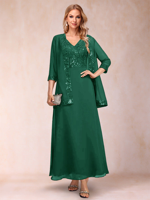 A-Line/Princess V-Neck 3/4 Sleeves 2 Pieces Mother of the Bride Dress with Sequins & Jacket