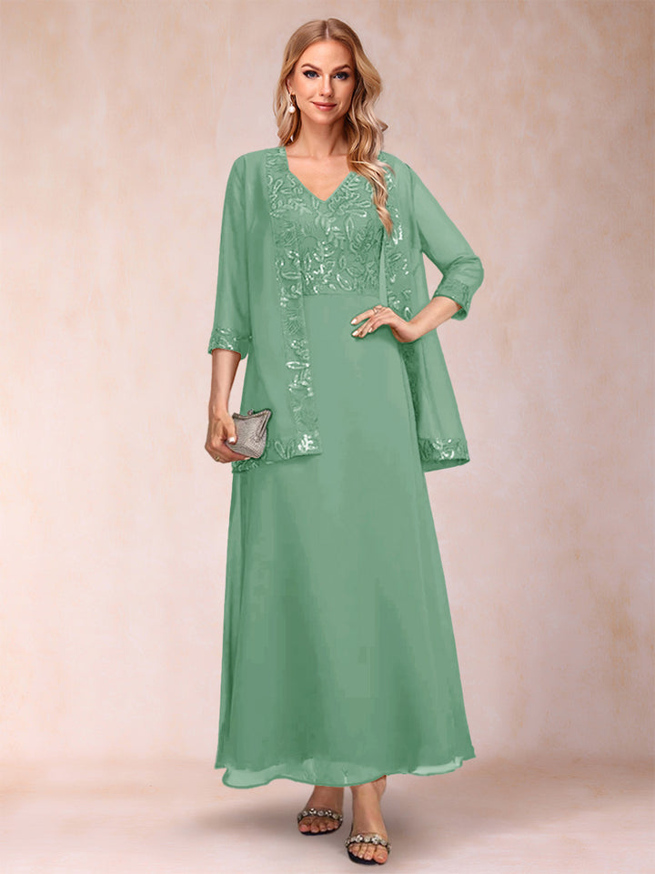 A-Line/Princess V-Neck 3/4 Sleeves 2 Pieces Mother of the Bride Dress with Sequins &amp; Jacket