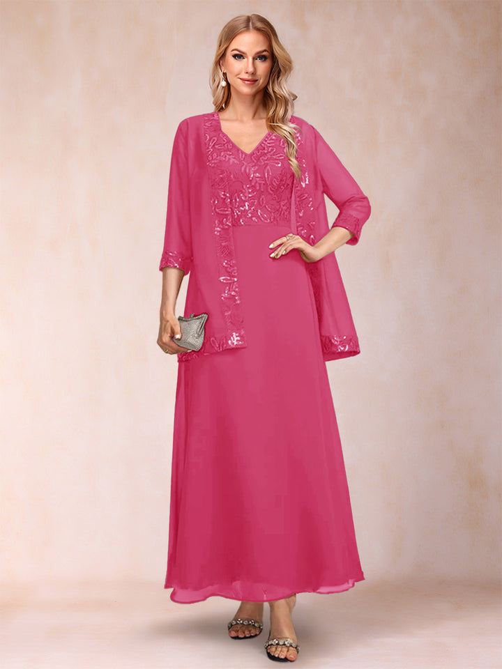 A-Line/Princess V-Neck 3/4 Sleeves 2 Pieces Mother of the Bride Dress with Sequins &amp; Jacket