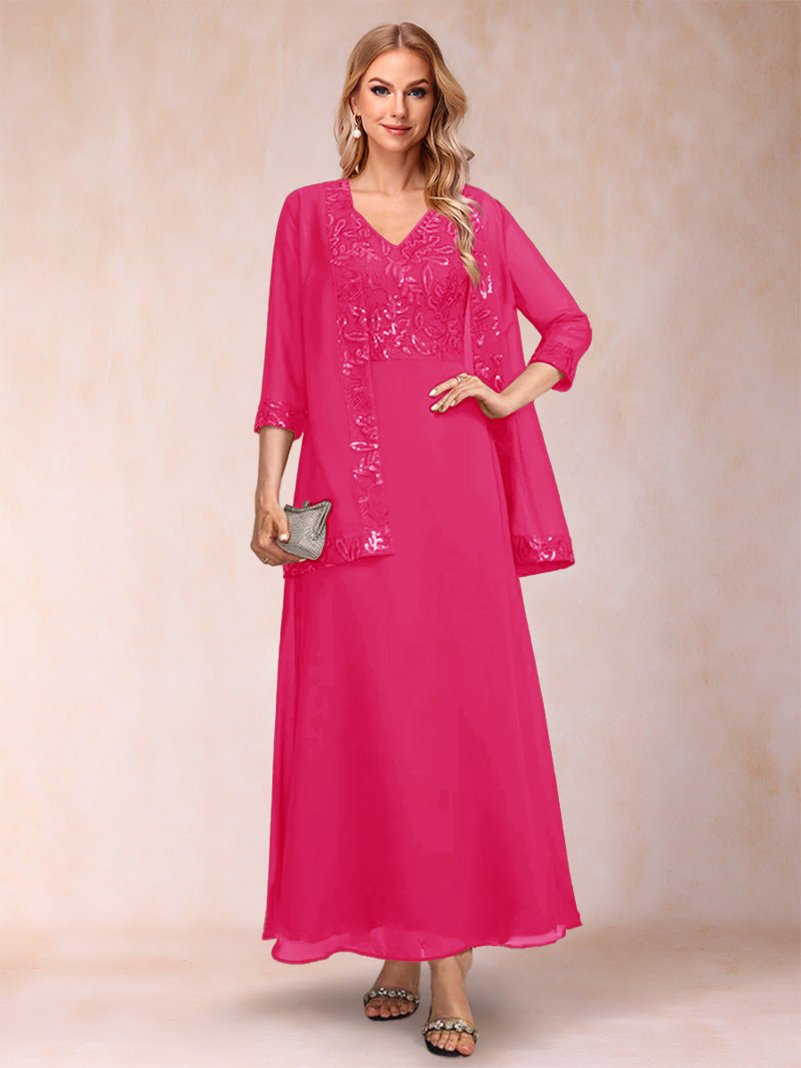 A-Line/Princess V-Neck 3/4 Sleeves 2 Pieces Mother of the Bride Dress with Sequins &amp; Jacket
