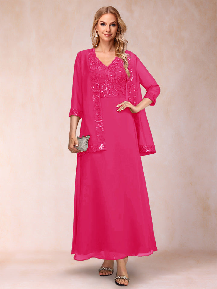 A-Line/Princess V-Neck 3/4 Sleeves 2 Pieces Mother of the Bride Dress with Sequins &amp; Jacket