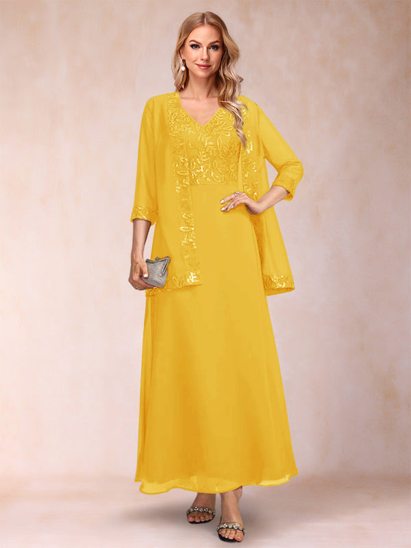 A-Line/Princess V-Neck 3/4 Sleeves 2 Pieces Mother of the Bride Dress with Sequins & Jacket