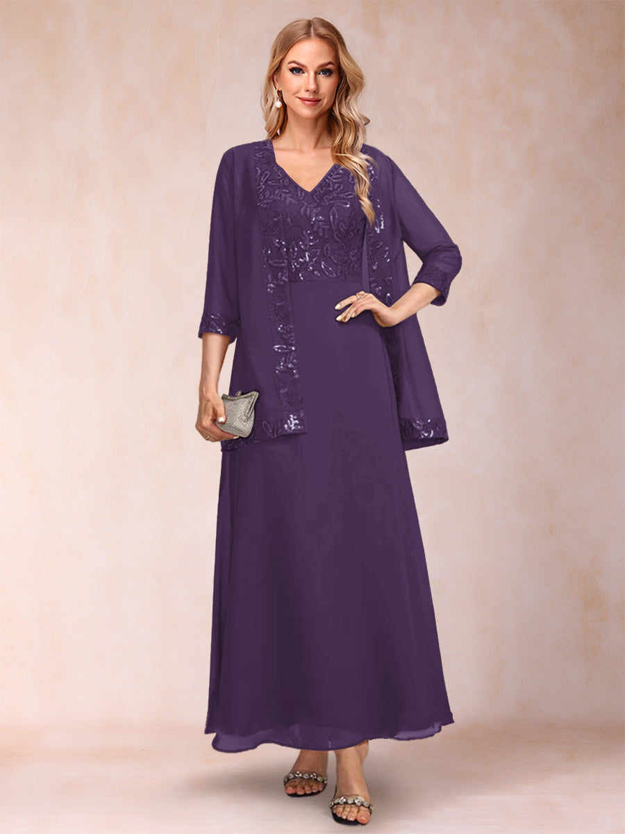 A-Line/Princess V-Neck 3/4 Sleeves 2 Pieces Mother of the Bride Dress with Sequins &amp; Jacket