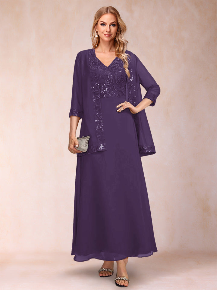 A-Line/Princess V-Neck 3/4 Sleeves 2 Pieces Mother of the Bride Dress with Sequins &amp; Jacket