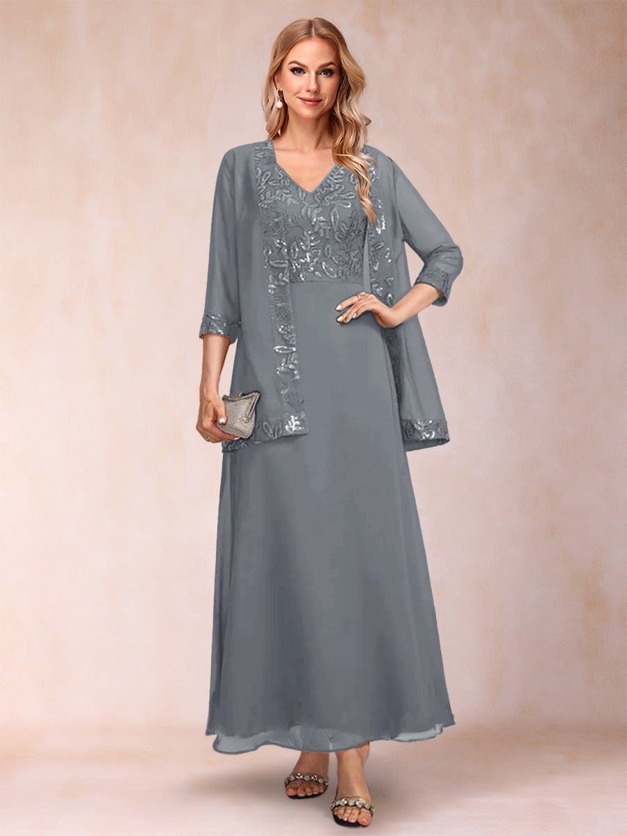 A-Line/Princess V-Neck 3/4 Sleeves 2 Pieces Mother of the Bride Dress with Sequins &amp; Jacket