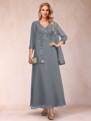 A-Line/Princess V-Neck 3/4 Sleeves 2 Pieces Mother of the Bride Dress with Sequins & Jacket