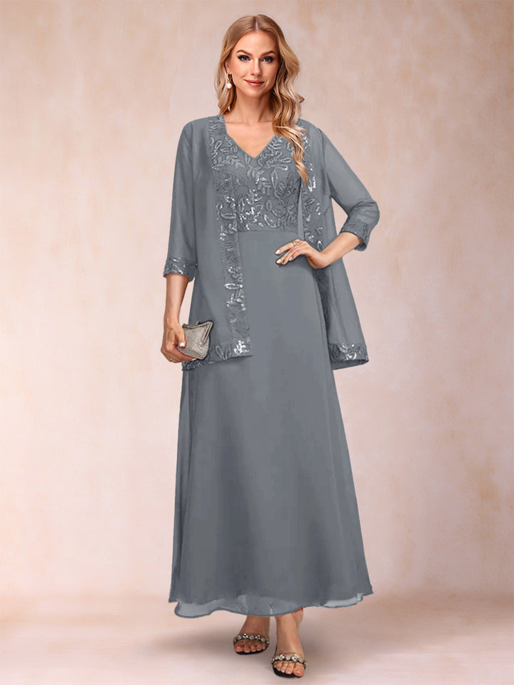 A-Line/Princess V-Neck 3/4 Sleeves 2 Pieces Mother of the Bride Dress with Sequins &amp; Jacket
