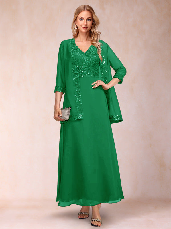A-Line/Princess V-Neck 3/4 Sleeves 2 Pieces Mother of the Bride Dress with Sequins & Jacket