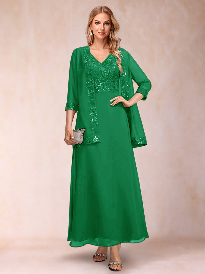 A-Line/Princess V-Neck 3/4 Sleeves 2 Pieces Mother of the Bride Dress with Sequins &amp; Jacket