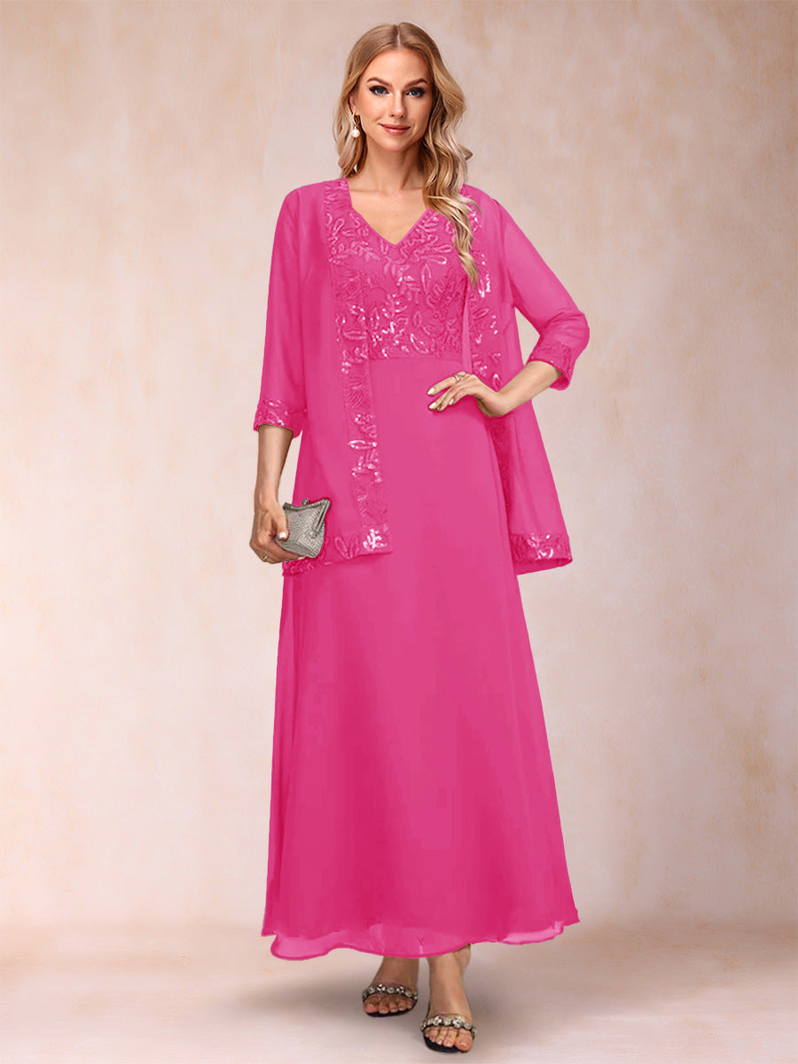 A-Line/Princess V-Neck 3/4 Sleeves 2 Pieces Mother of the Bride Dress with Sequins &amp; Jacket